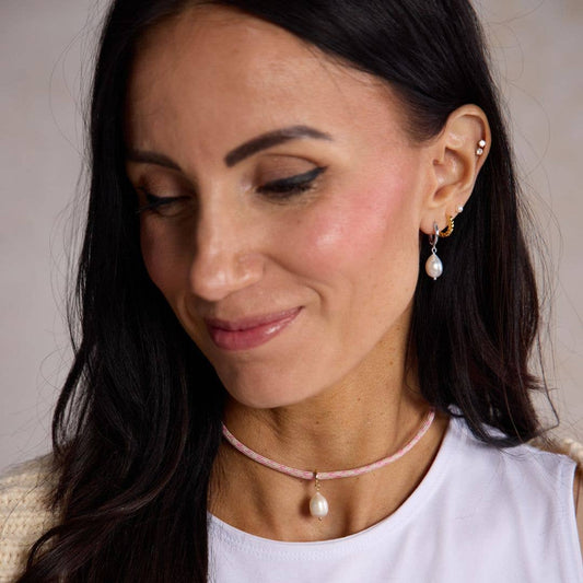 Silver Pearl Drop Huggies Nickel & Suede