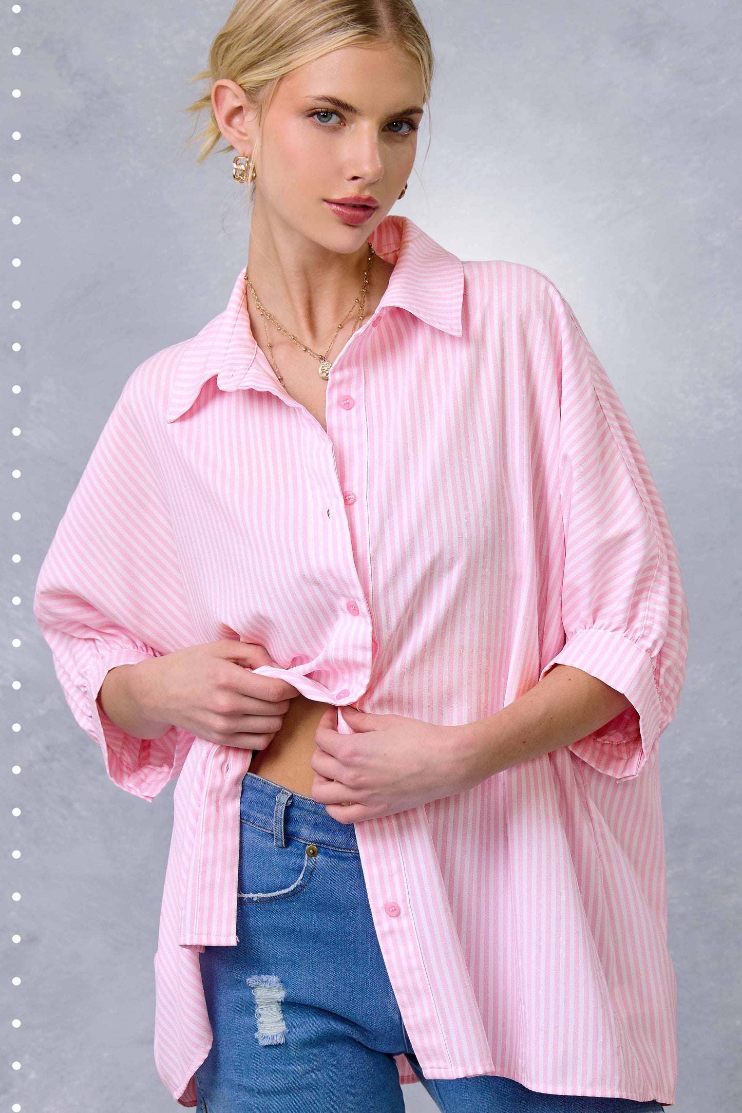 Gray Relaxed Striped 3/4 Sleeve Button Down Shirt Fall