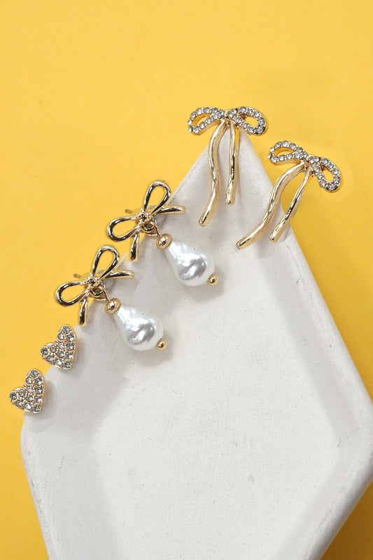 Rhinestone Heart Bow Pearl Drop Earring Set