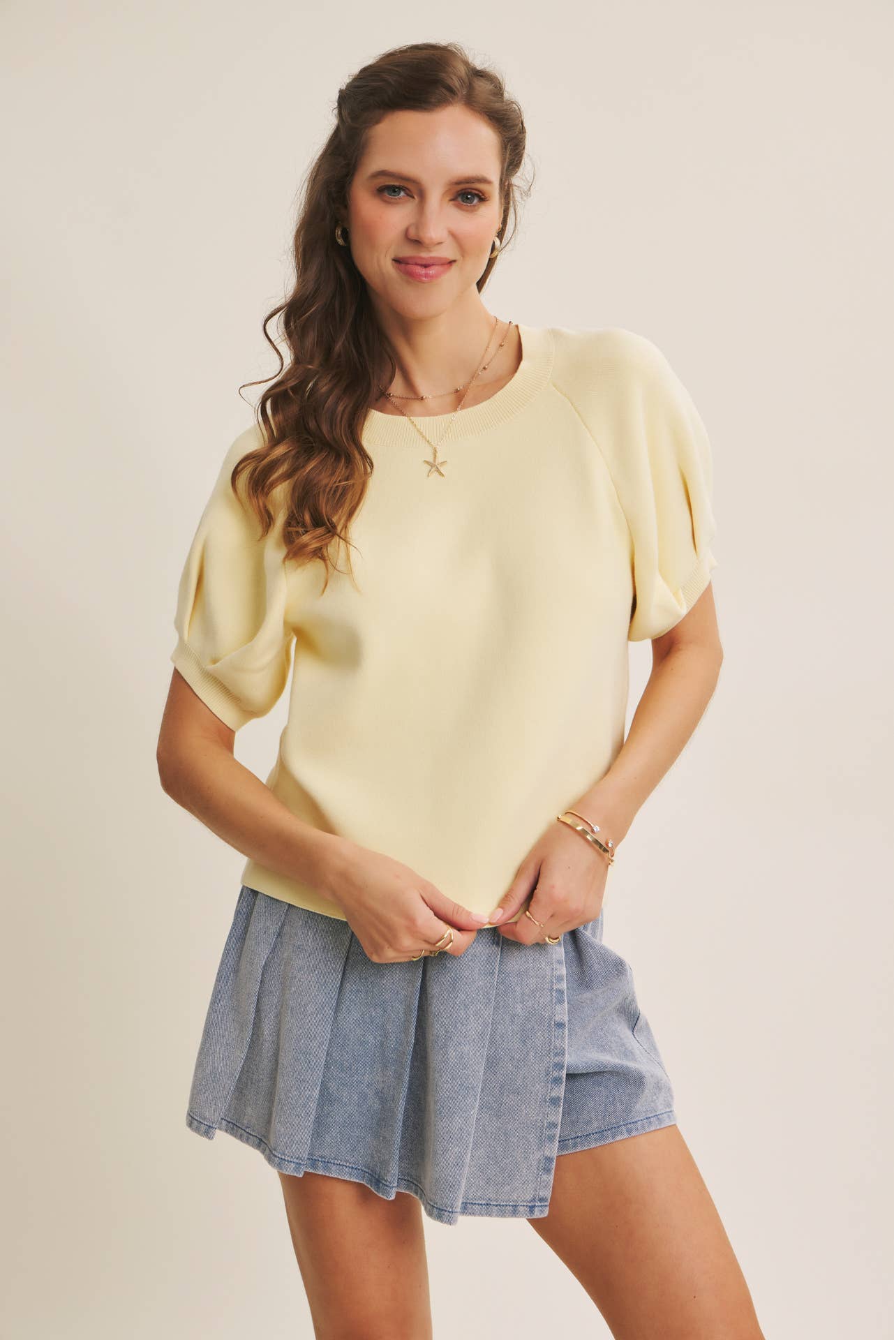 Ivory Cotton Sweater with Puff Sleeves