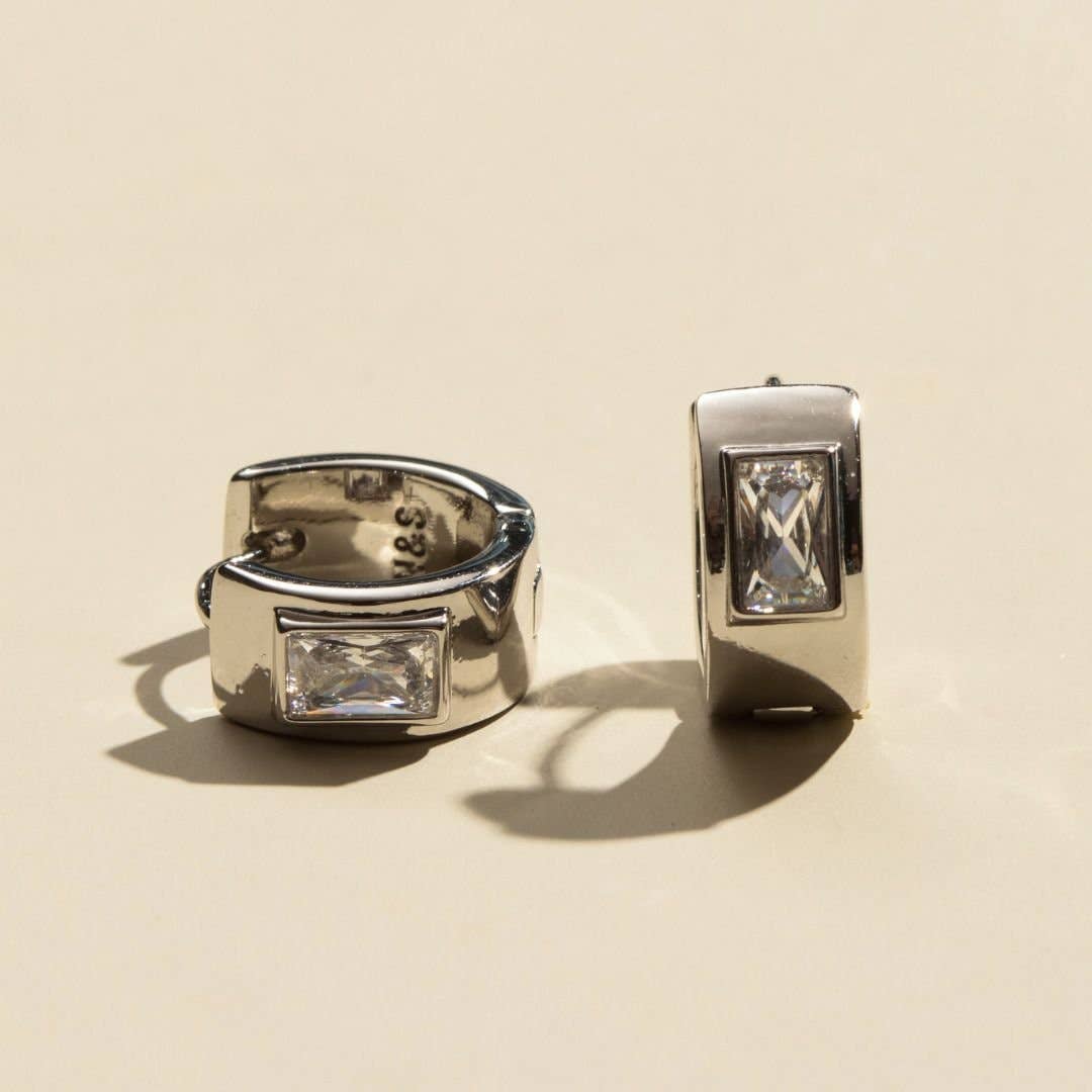 Silver Classic Baguette Bezel Huggies Nickel Suede