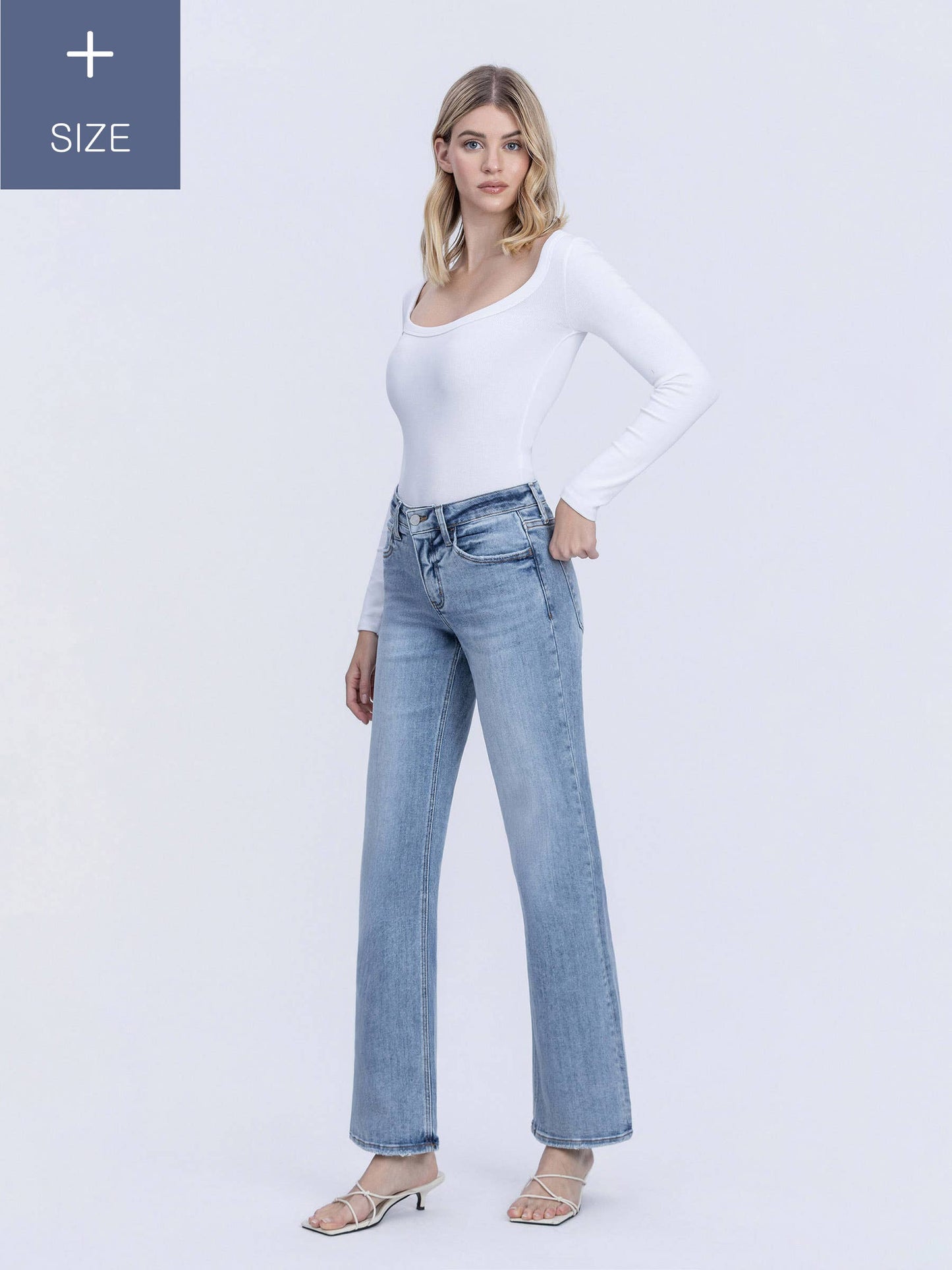 Plus Size Tummy Control Mid Rise Slim Wide Jeans