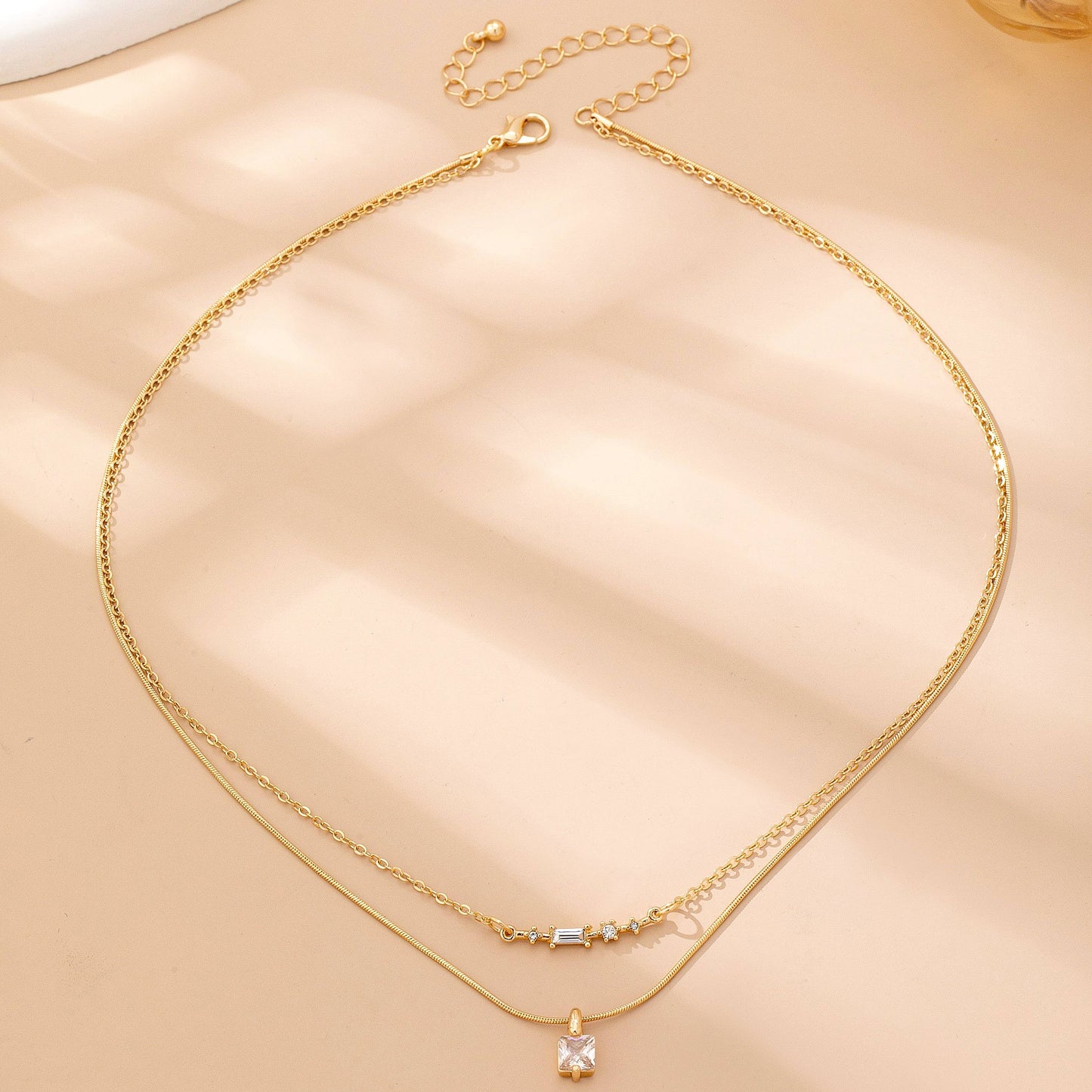 Layer Crystal Bar & Solitaire Square Necklace