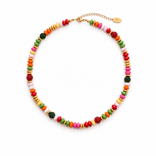 Festive Color Bead Necklace, Gold Accent & Crystal Pavé