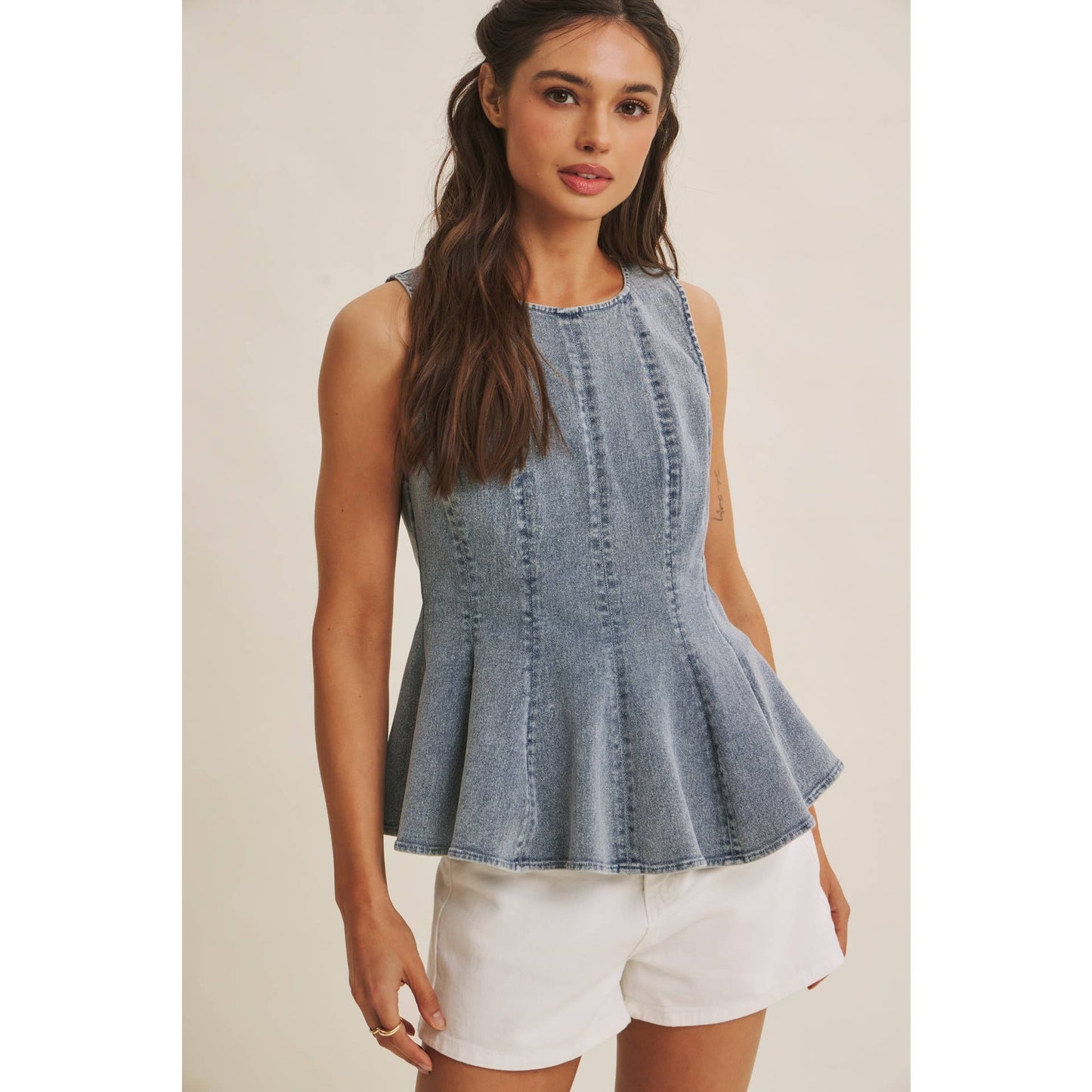 Mineral Wash Denim Peplum Top