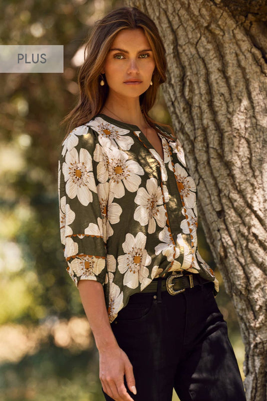 Olive Plus Floral Printed 3/4 Sleeve Blouse