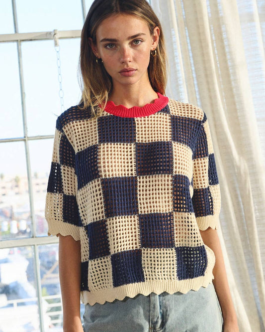 Navy Checked Short-sleeve Knit Top