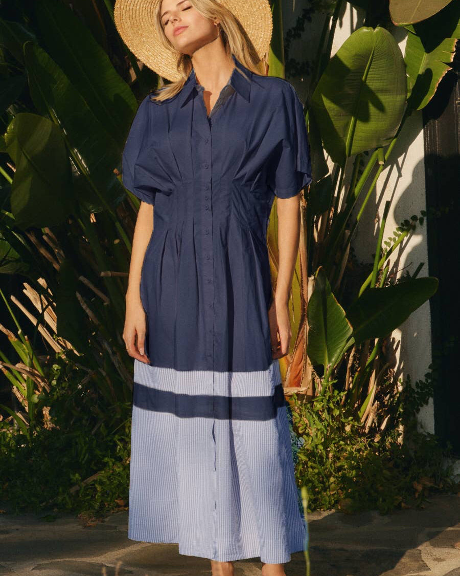Blue and Blue Short Sleeve Shirt Dress