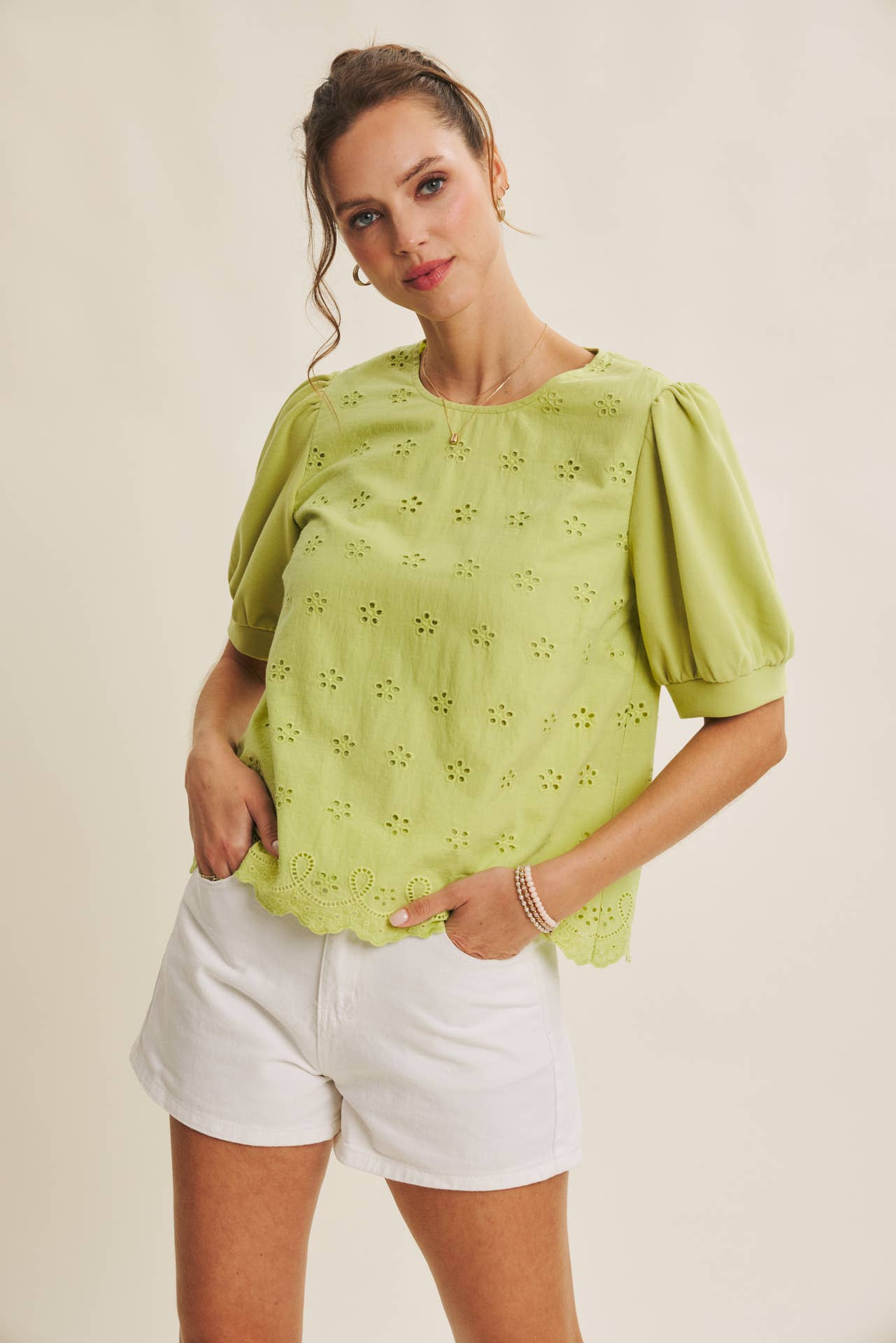 Green Joyful Terry Eyelet Top