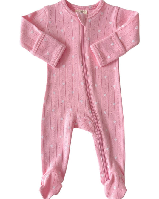 Pink with White Heart / Organic Pointelle 2-Way Zip Footie