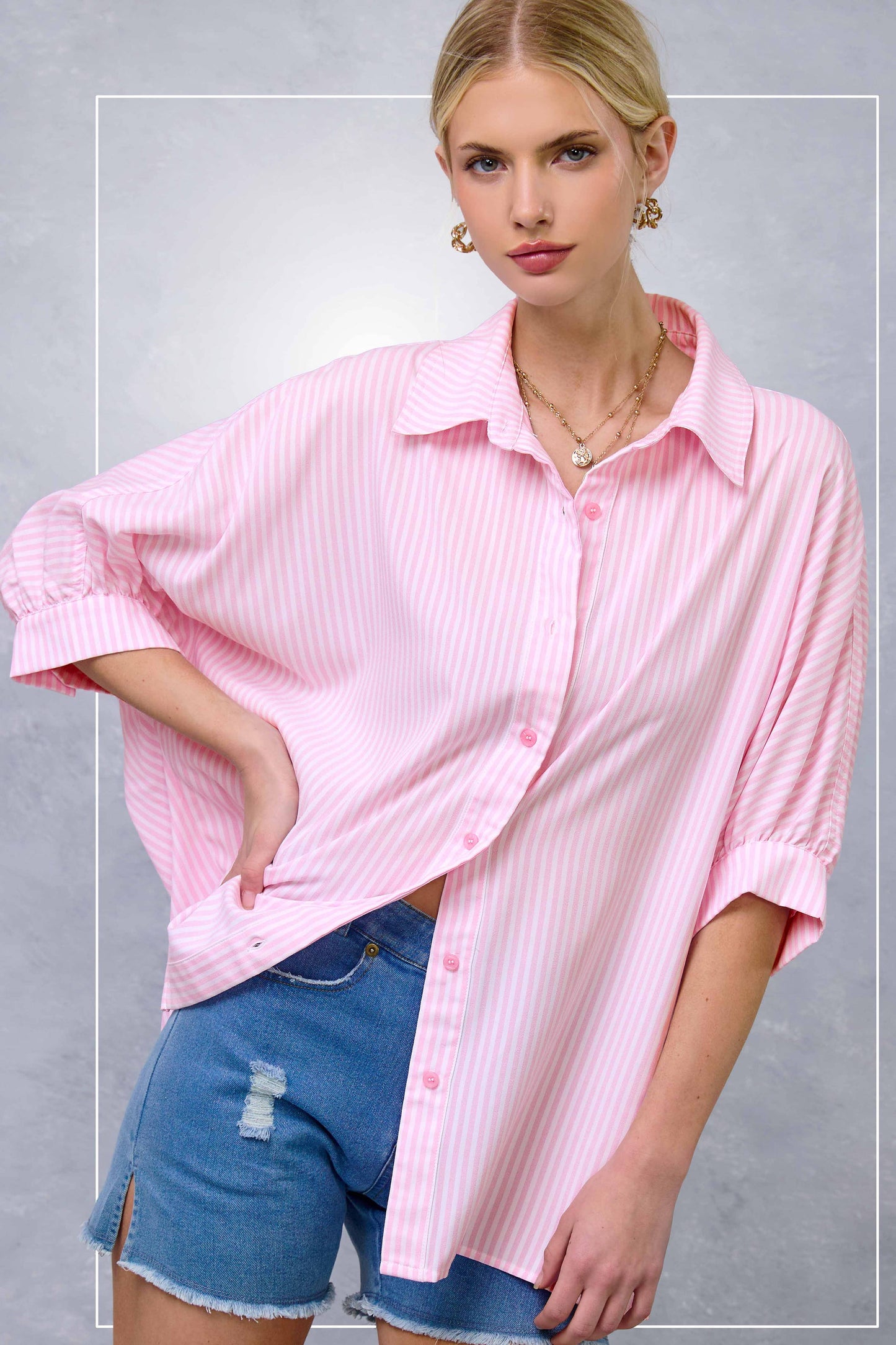 Gray Relaxed Striped 3/4 Sleeve Button Down Shirt Fall