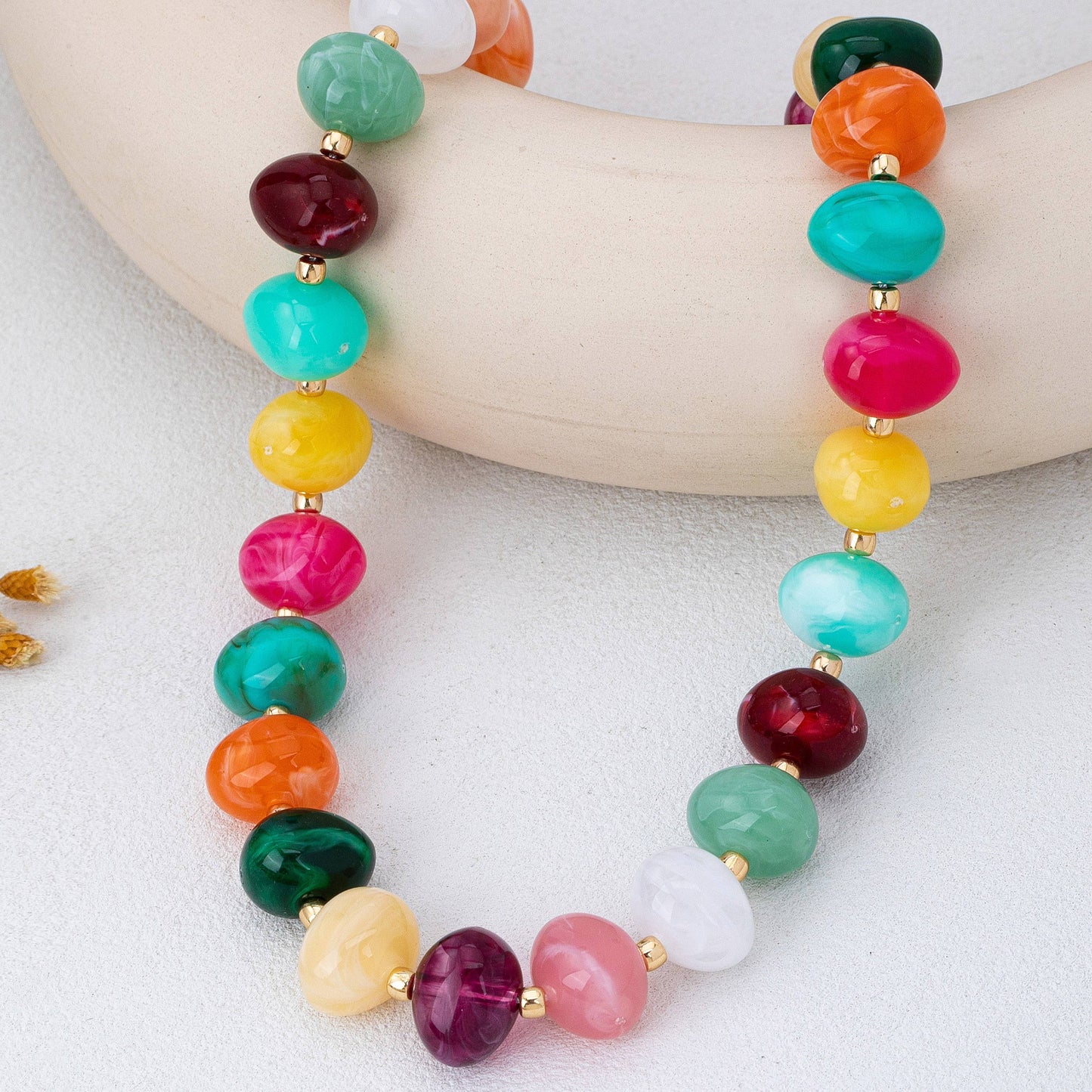 Multi Colored Resin Pebble Beaded Necklace |