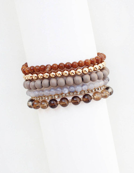 Brown and Grey Beaded Stretch Bracelets