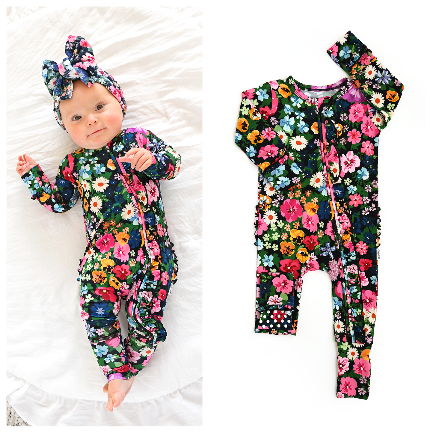Ruffle Zip Bamboo One Piece Floral Baby Clothing