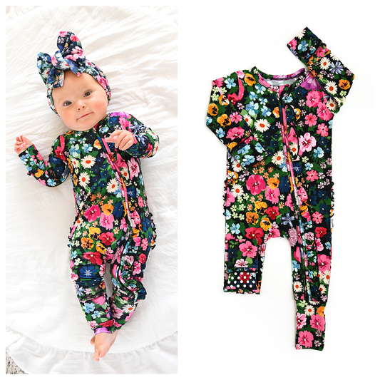 Ruffle Zip Bamboo One Piece Floral Baby Clothing