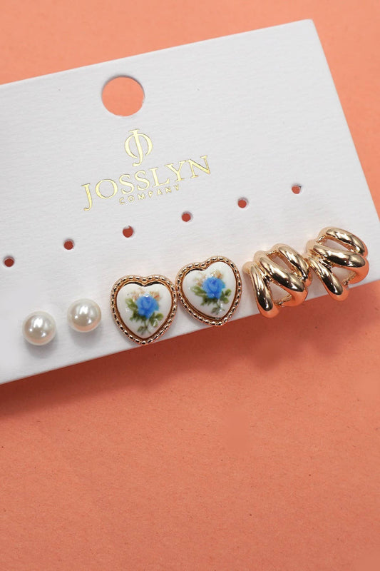 Heart Porcelain Stud Hoop Earring Set