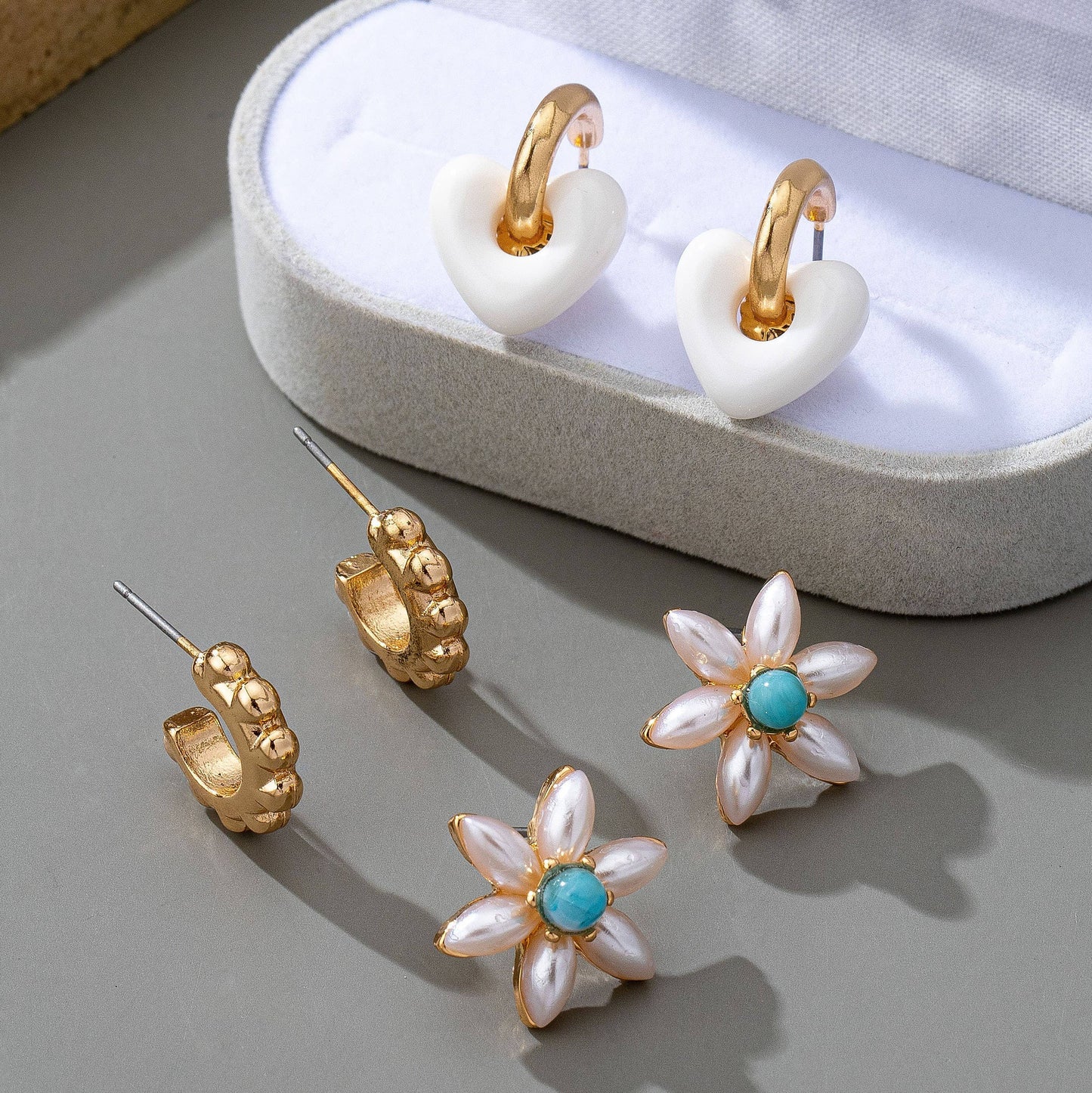 HUGGIE HOOP BALL FLORAL HEART TRIO EARRINGS