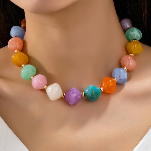 Pastel Multicolor Oversized Faceted Pastel Bead Necklace