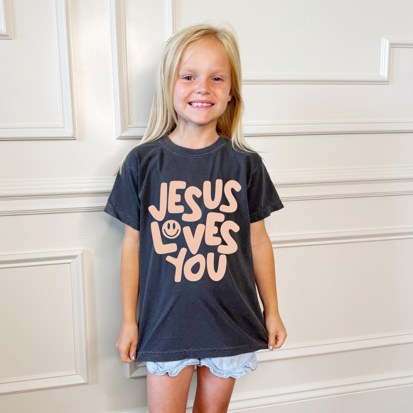 Smiley Jesus Loves You Puff Youth Tee