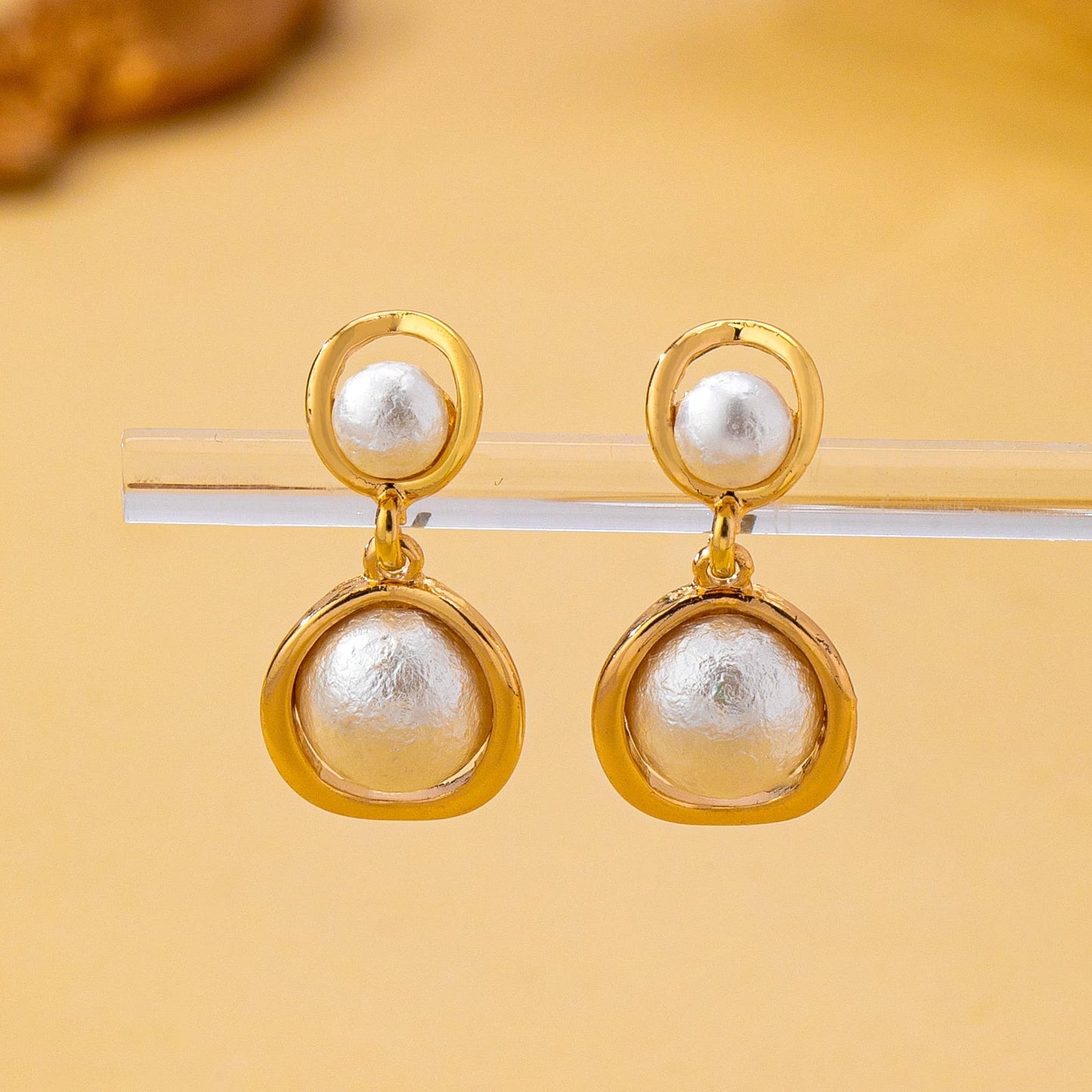 Organic Gold Ring Freshwater Pearl Drop Earrings