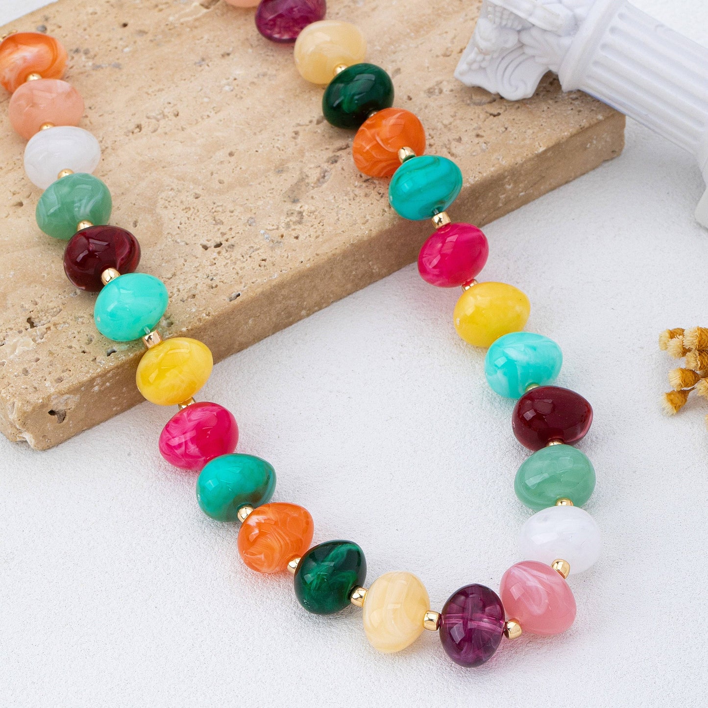 Multi Colored Resin Pebble Beaded Necklace |