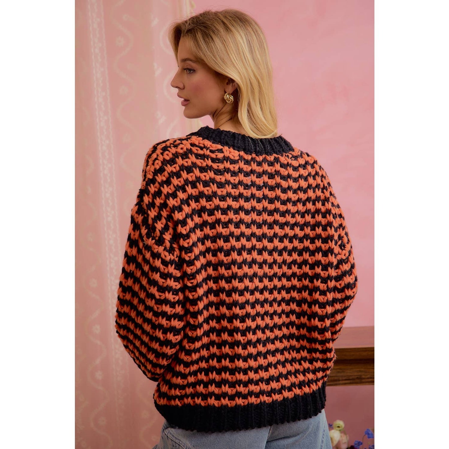 Orange and black chunky knit cardigan