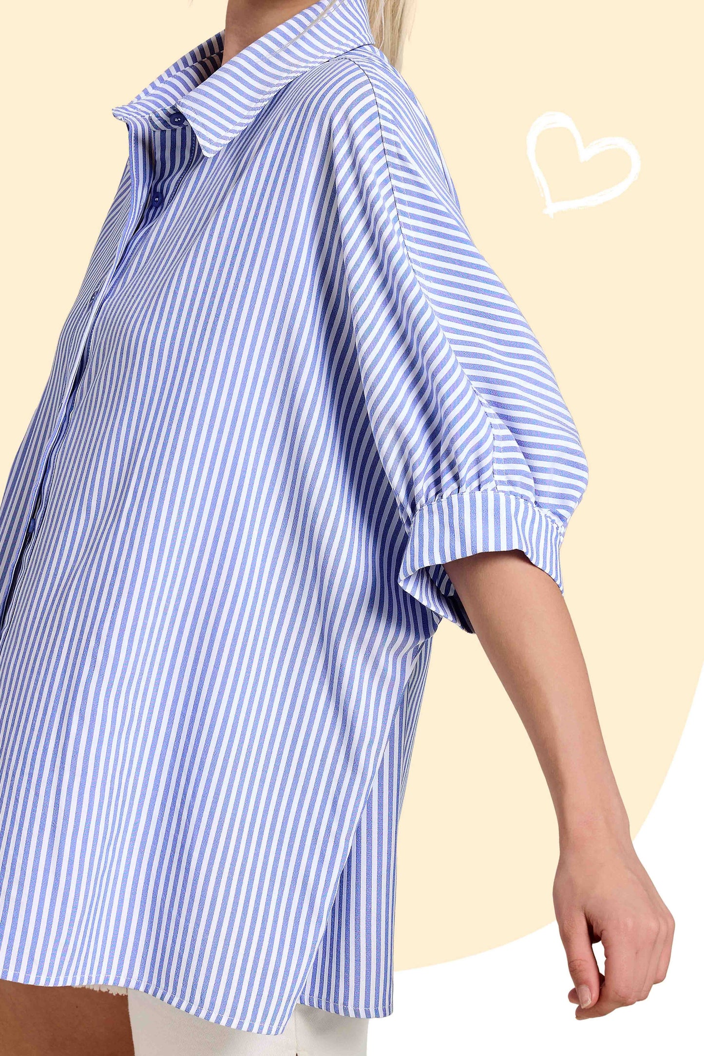 Gray Relaxed Striped 3/4 Sleeve Button Down Shirt Fall