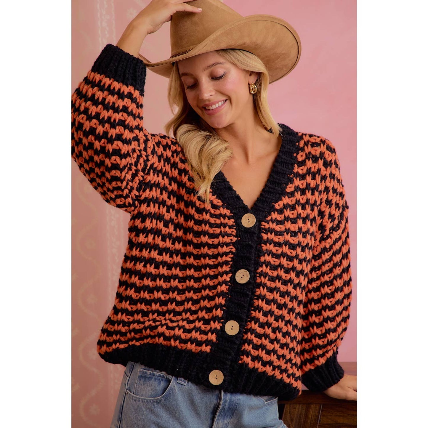 Orange and black chunky knit cardigan