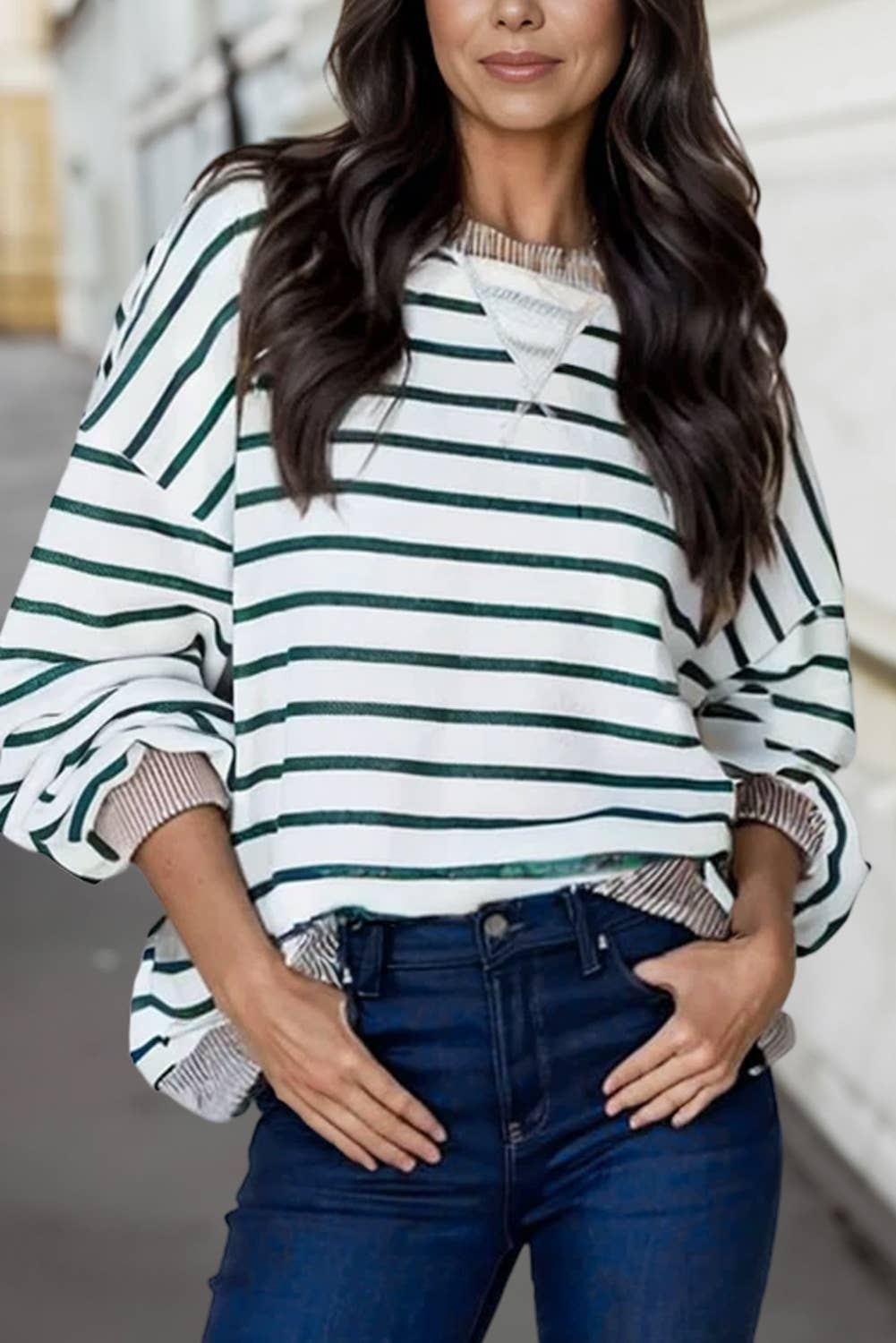 Green Stripe Twisted Ribbed Patchwork Loose Sweatshirt