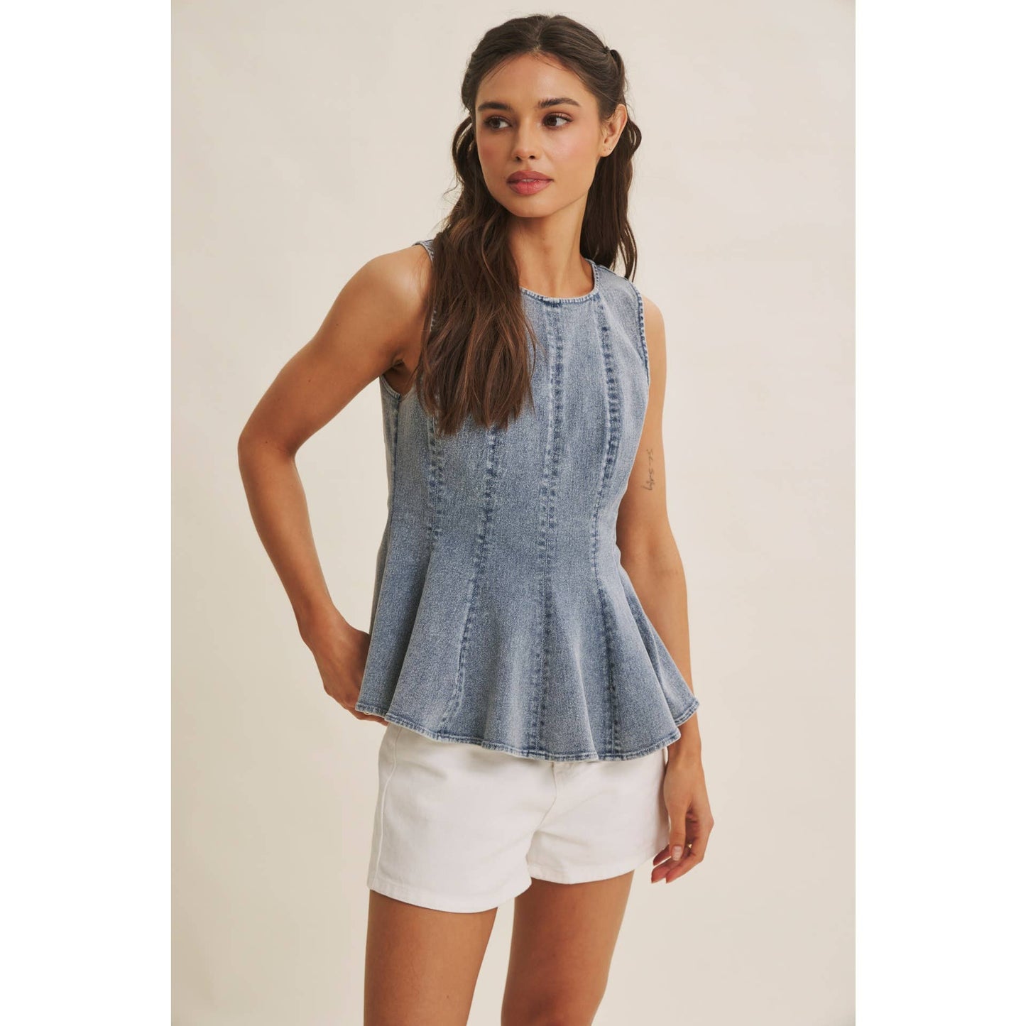 Mineral Wash Denim Peplum Top