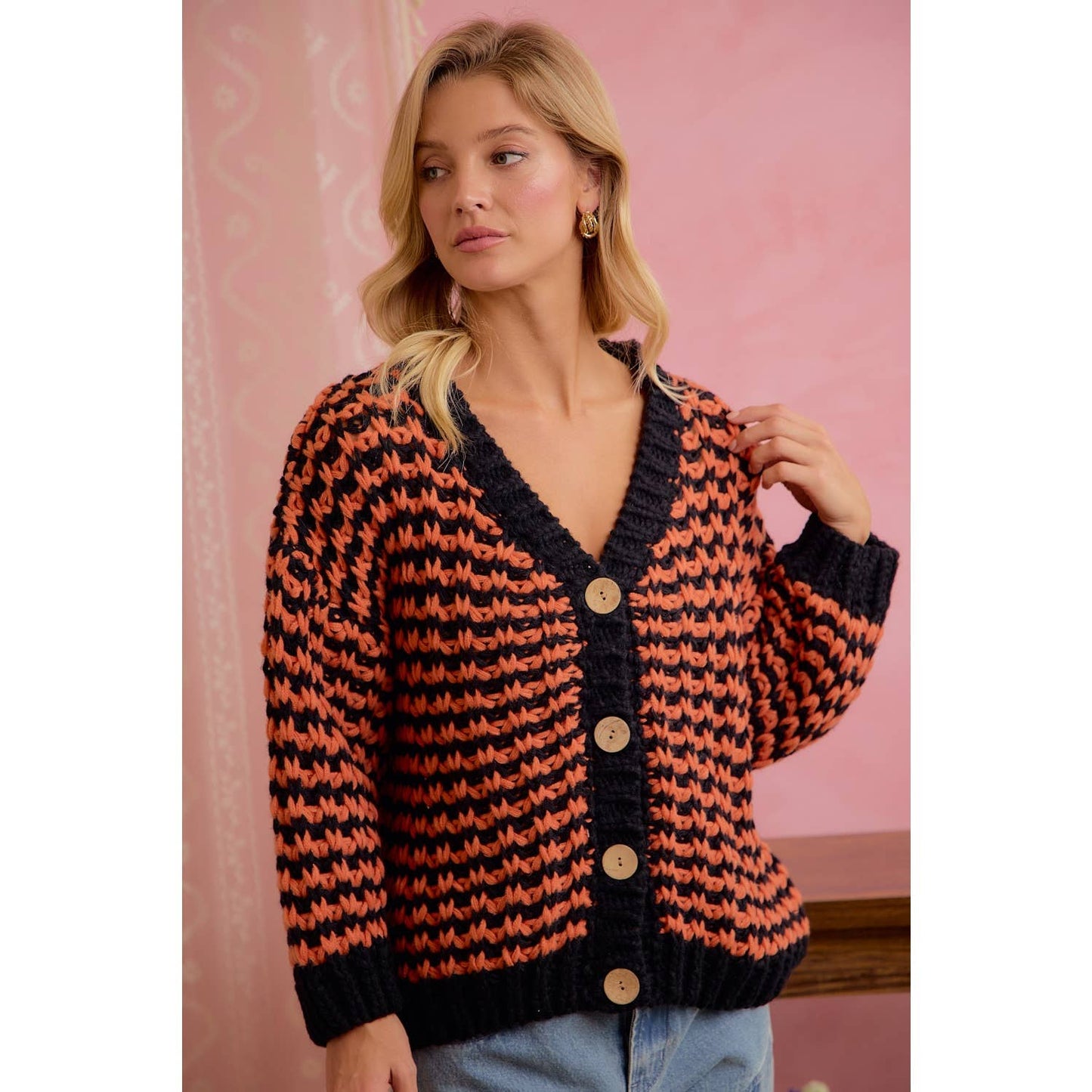 Orange and black chunky knit cardigan