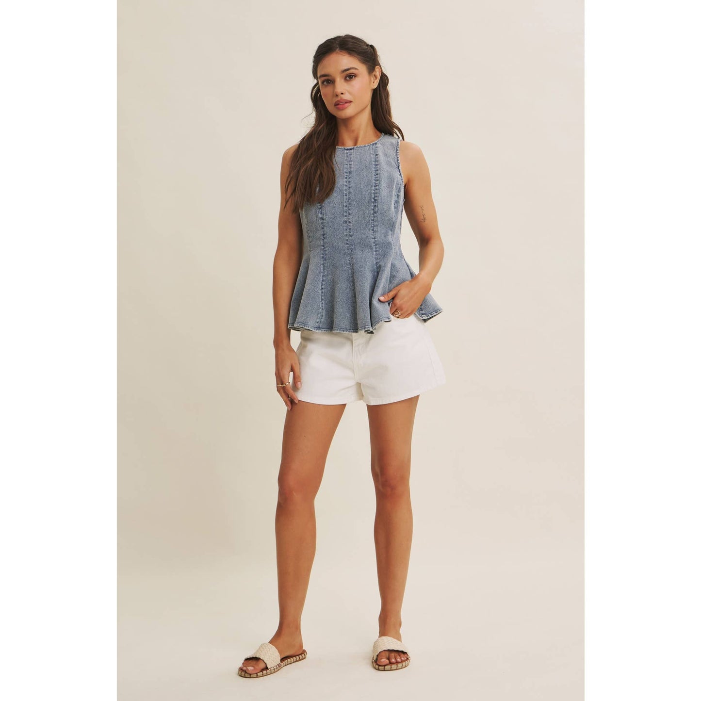 Mineral Wash Denim Peplum Top