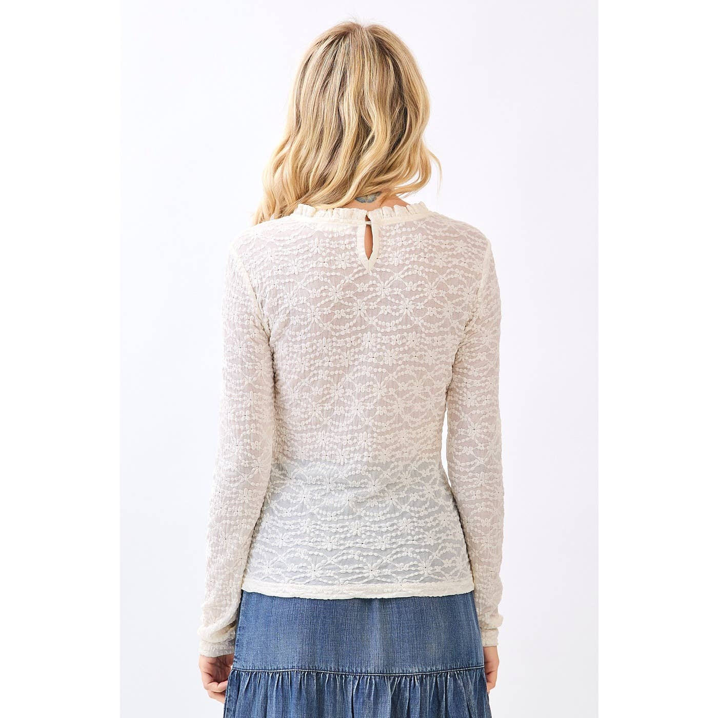 Bone Lace Long Sleeve Ruffle neck layering top