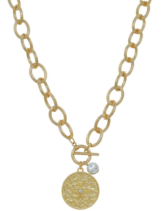 Gold Open Chain with Hammered Coin Toggle Charm 16"-18" Necklace