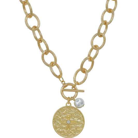 Gold Open Chain with Hammered Coin Toggle Charm 16"-18" Necklace