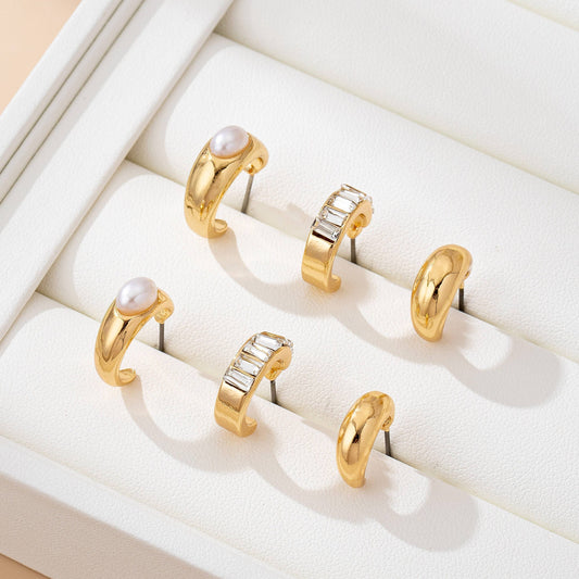 Pearl & Baguette Huggie Hoop Trio Earring Set