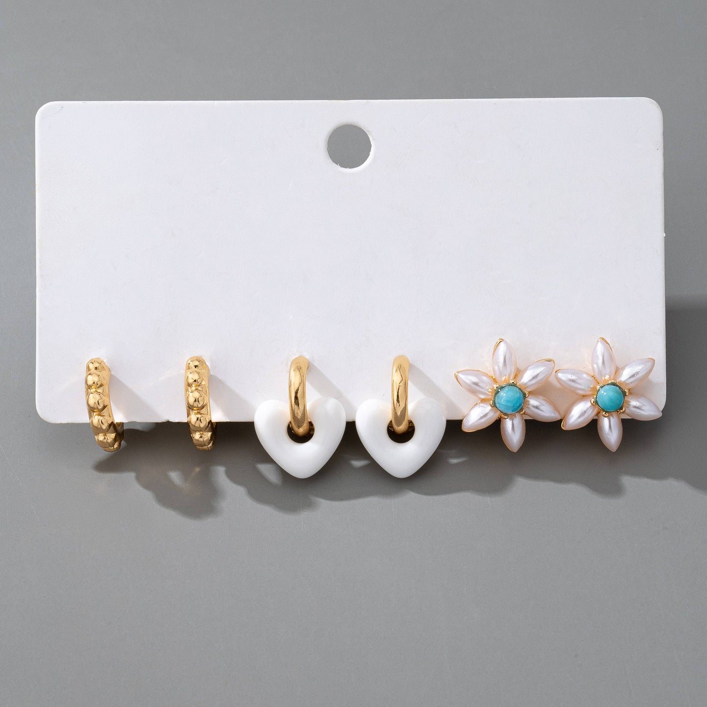 HUGGIE HOOP BALL FLORAL HEART TRIO EARRINGS