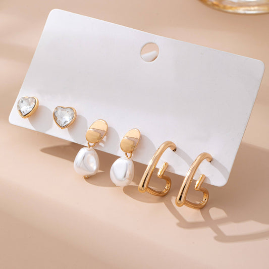 Trio Gold-Tone Pearl & Crystal Earring Set