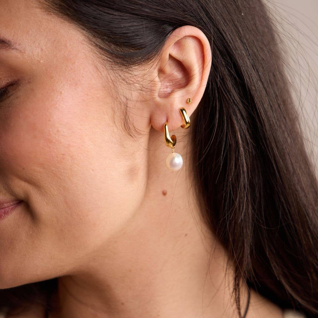 Gold Waterproof Pearl Drop Hoops Earrings Nickel & Suede