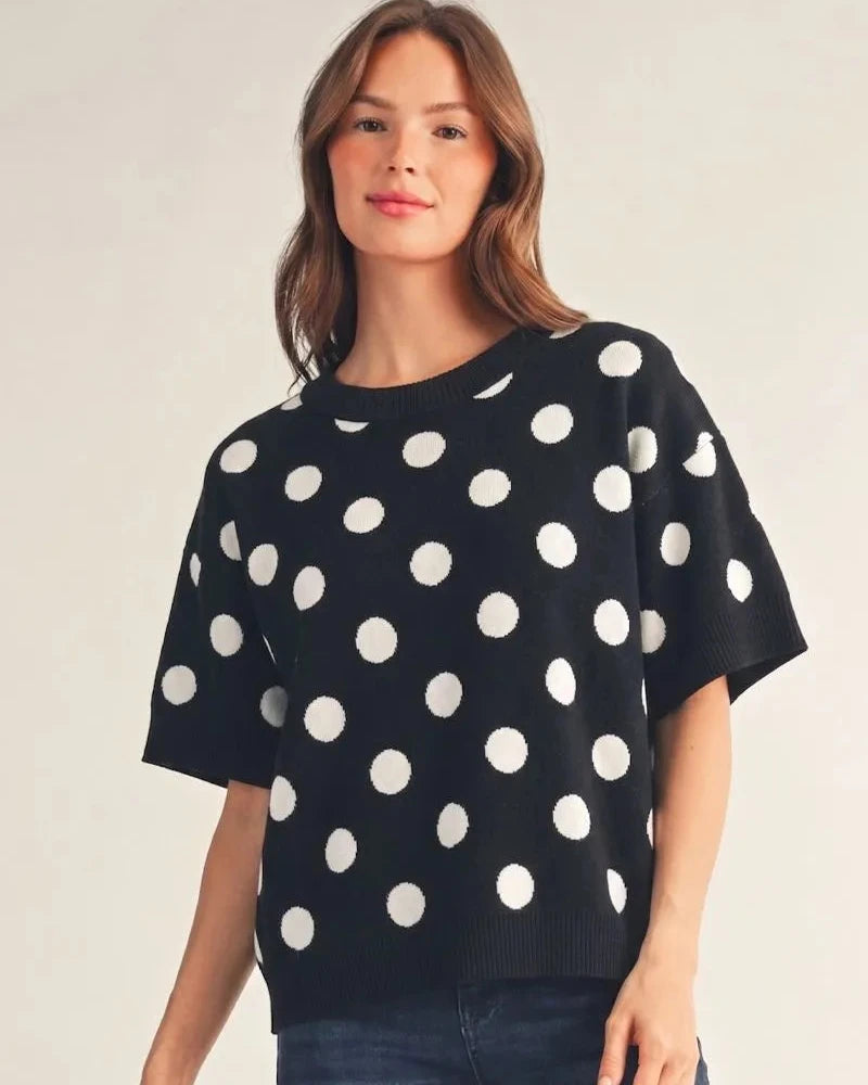 Black short sleeve polka dot sweater