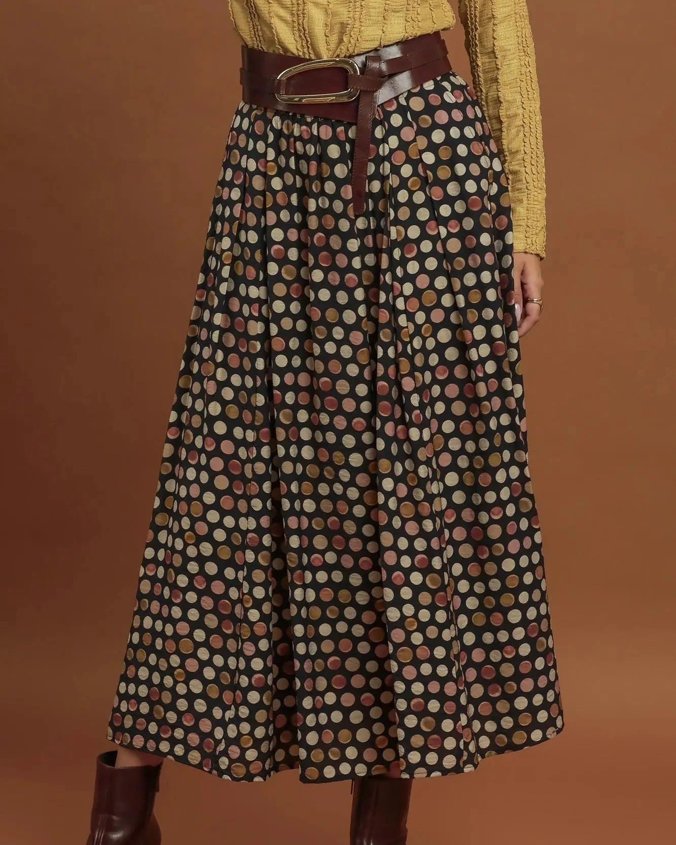 Black Polka Dot Pleated Maxi Skirt