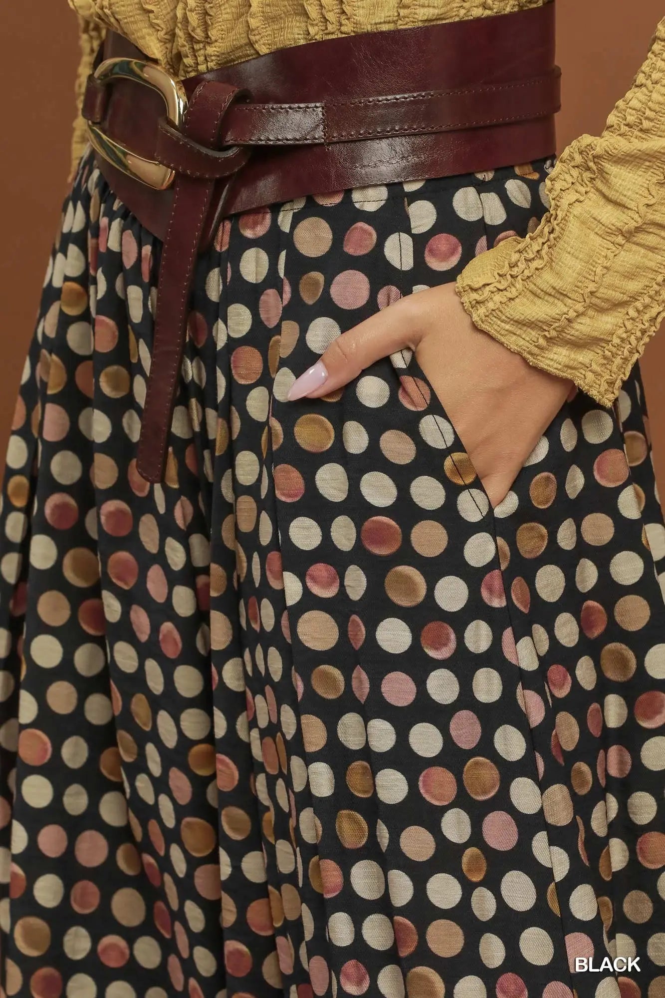 Black Polka Dot Pleated Maxi Skirt