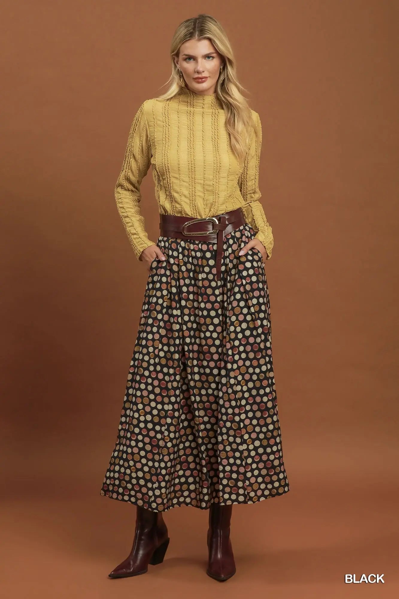 Black Polka Dot Pleated Maxi Skirt