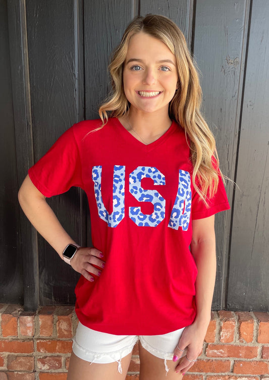 USA red v neck with blue leopard print