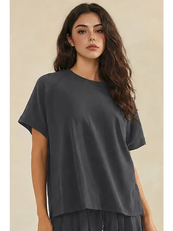 Charcoal Relaxed Crew Neck Raglan Style Short Sleeve Top