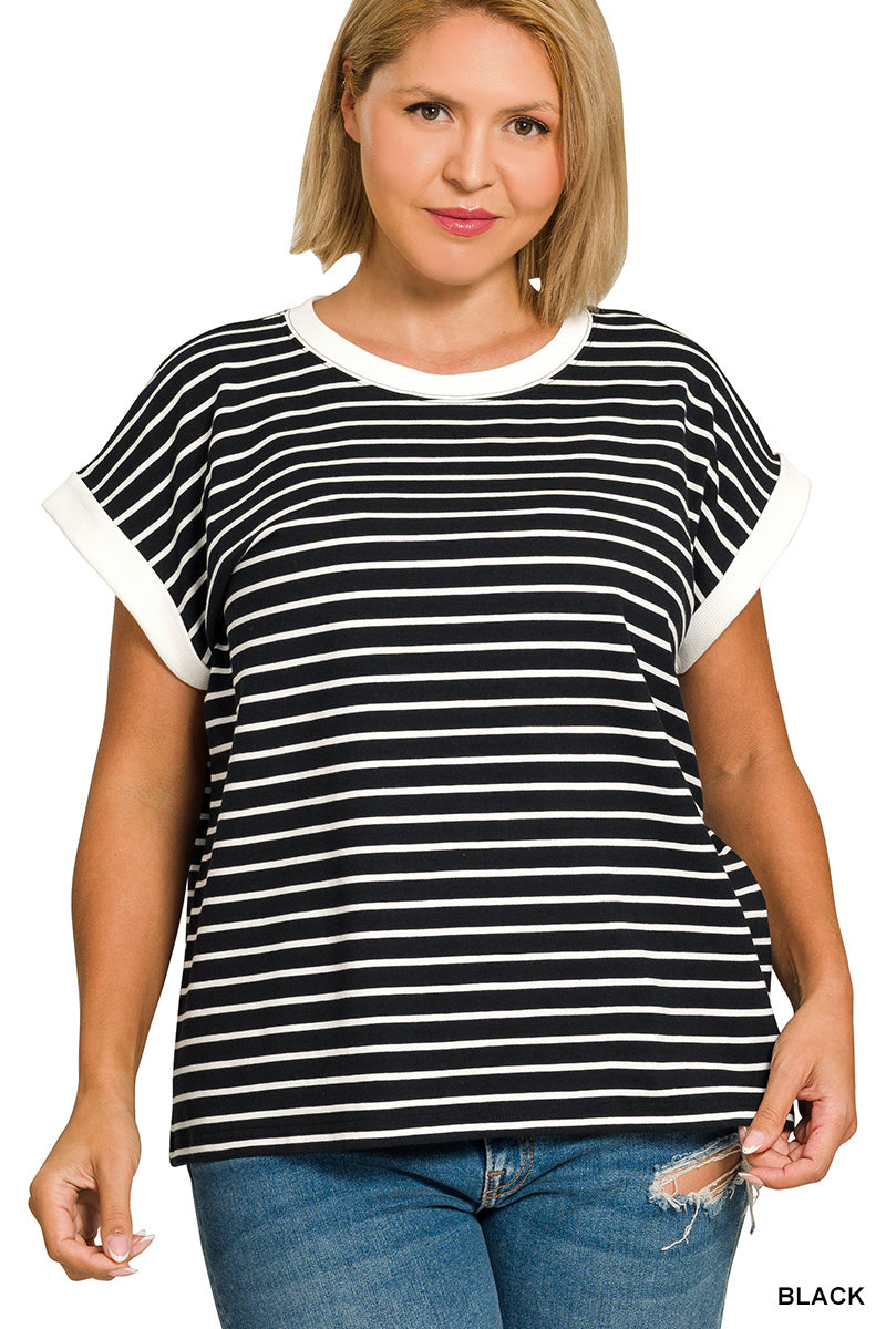 Black Stripe Cap Sleeve Stripe Tee