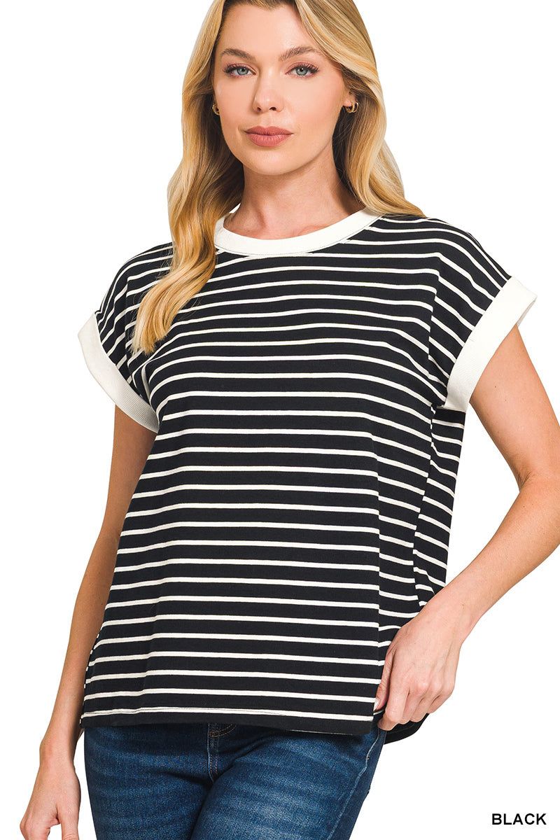 Black Stripe Cap Sleeve Stripe Tee