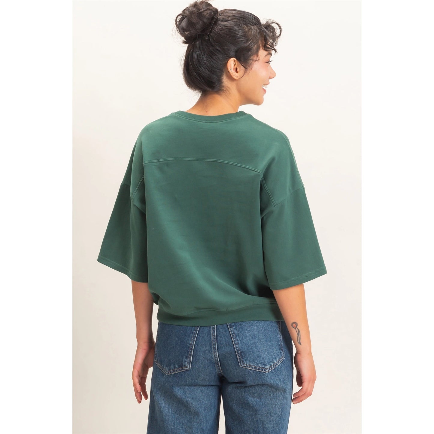 Dark Green Washed Crew Neck Short Sleeve Top