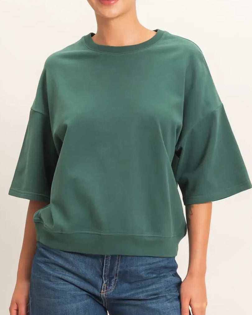 Dark Green Washed Crew Neck Short Sleeve Top