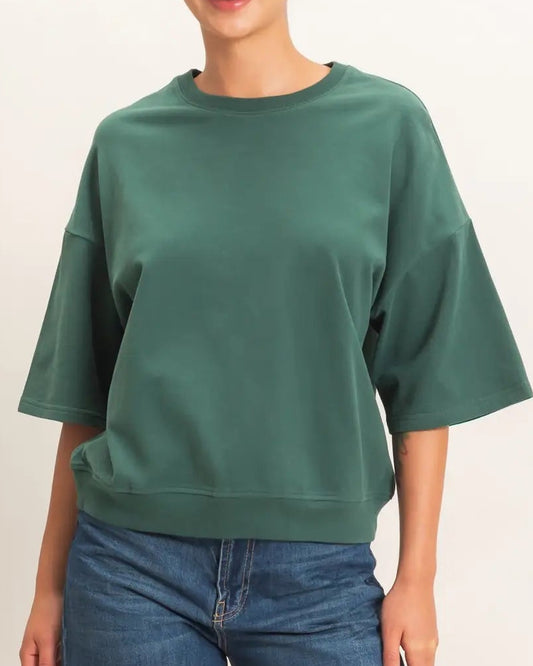 Dark Green Washed Crew Neck Short Sleeve Top